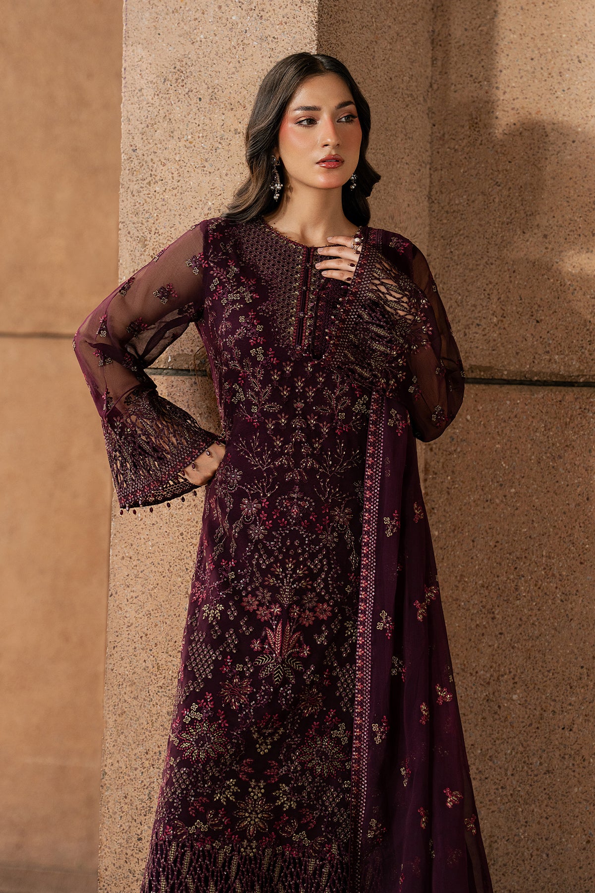 Maroon Majesty embroidered chiffon dupatta and back detail — Lavish Premium Lazawal luxury festive wear