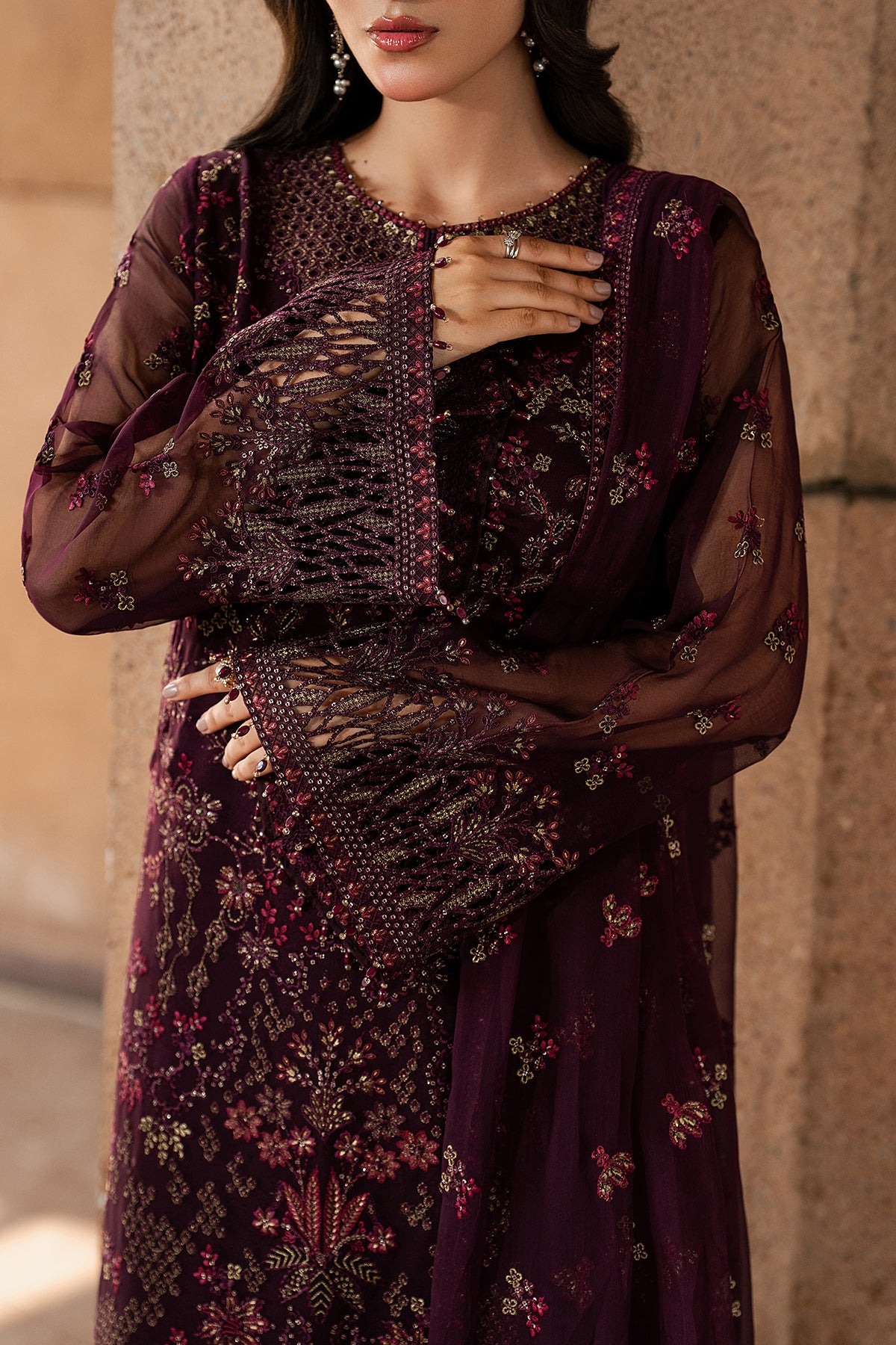 Woman wearing a dark purple embroidered dress with sheer sleeves against a neutral background
