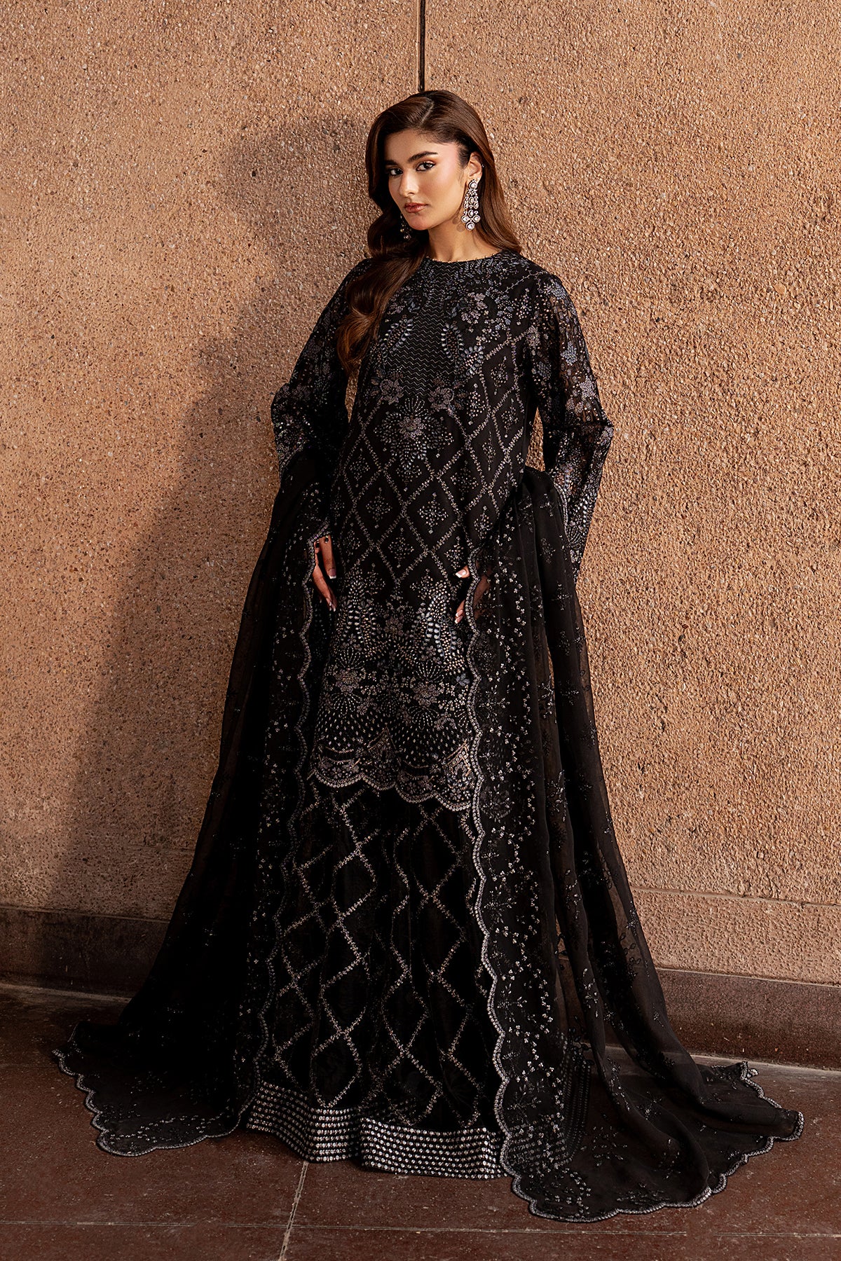 Black Whisper | Embroidered Black Chiffon Sharara Suit | Lavish Premium Black Whisper | Embroidered Black Chiffon Sharara Suit | Lavish Premium