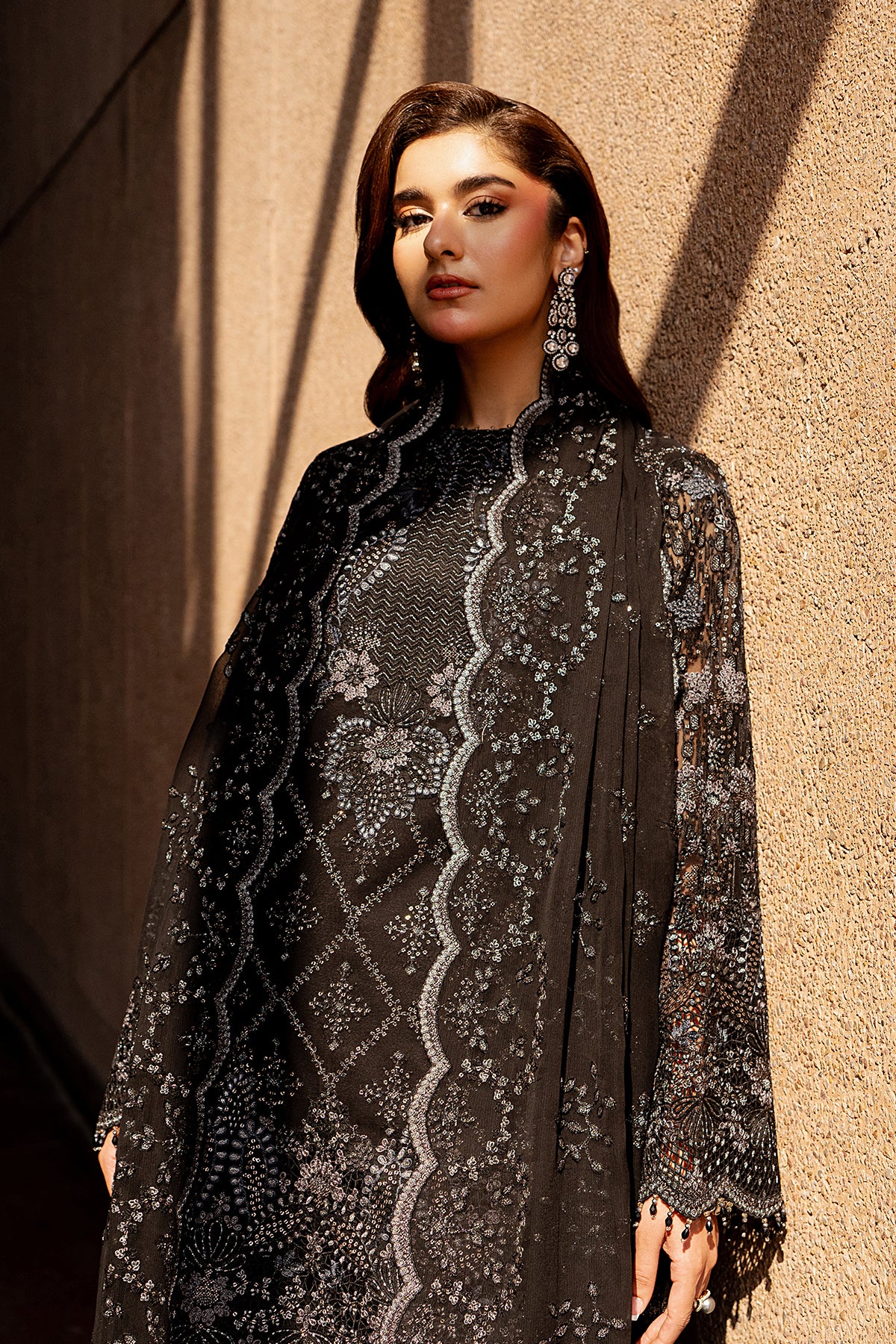 Black Whisper embroidered black chiffon sharara suit with organza neck and lace border — Lazawal by Lavish Premium Pakistan