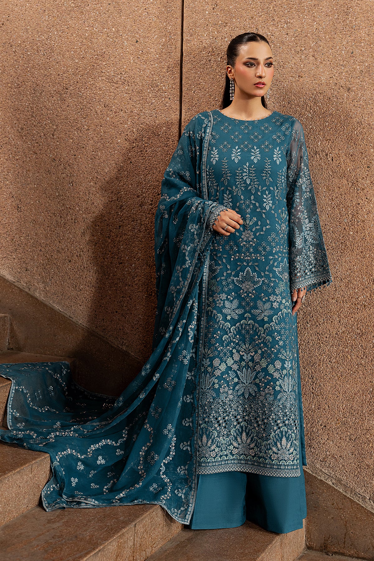 Teal Essence embroidered teal green chiffon 3-piece suit — Lazawal luxury pret Lavish Premium Pakistan