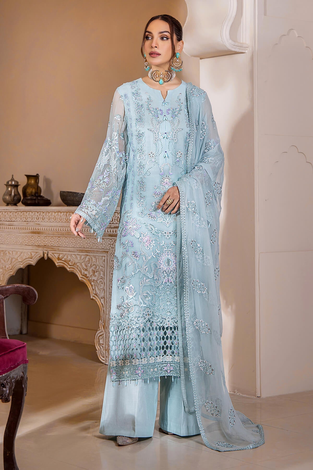 Embroidered Chiffon Dress – Elegant Formal Wear