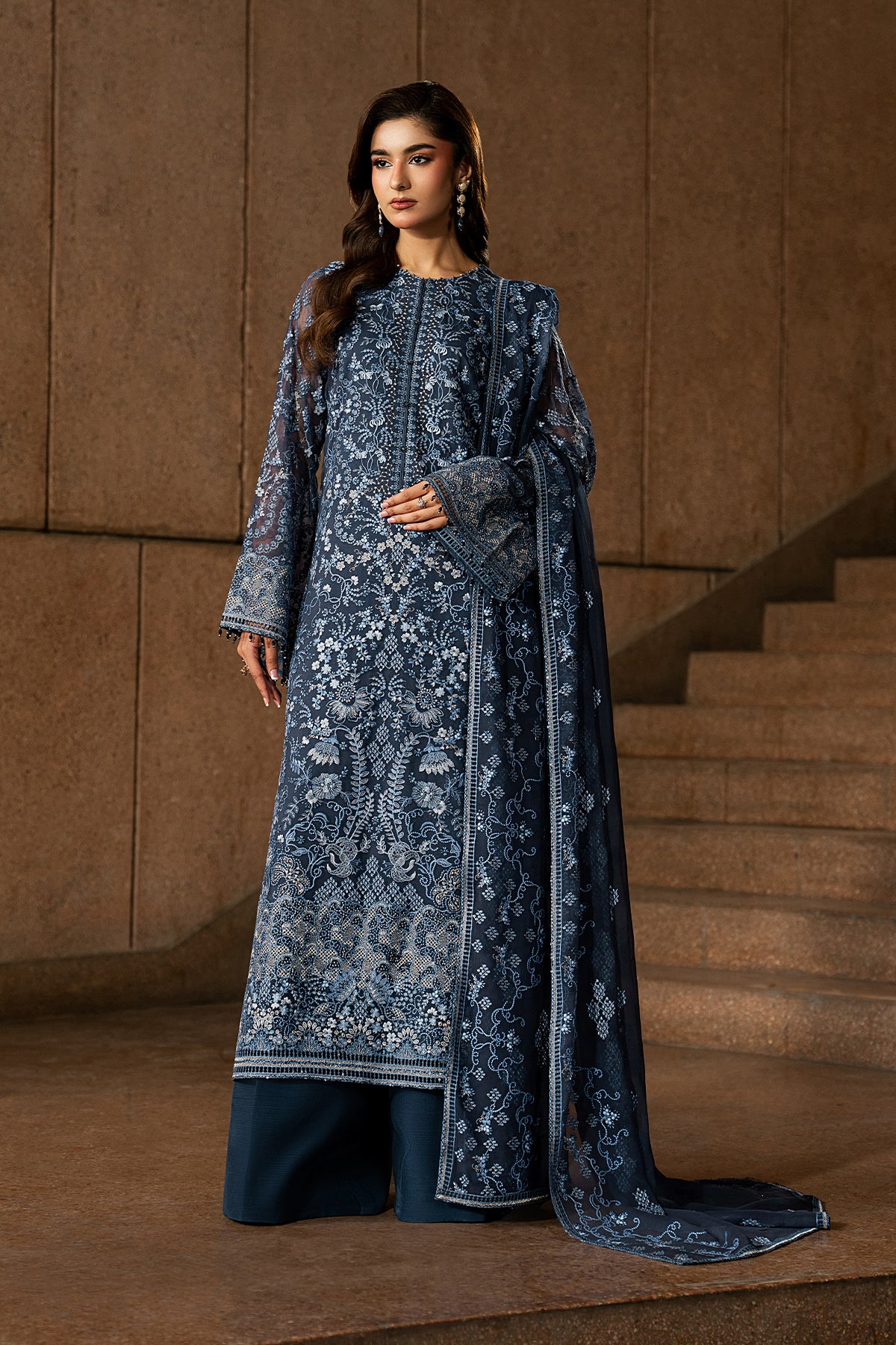 Sapphire Veil embroidered sapphire blue chiffon suit with organza dupatta — Lazawal Lavish Premium luxury pret Pakistan