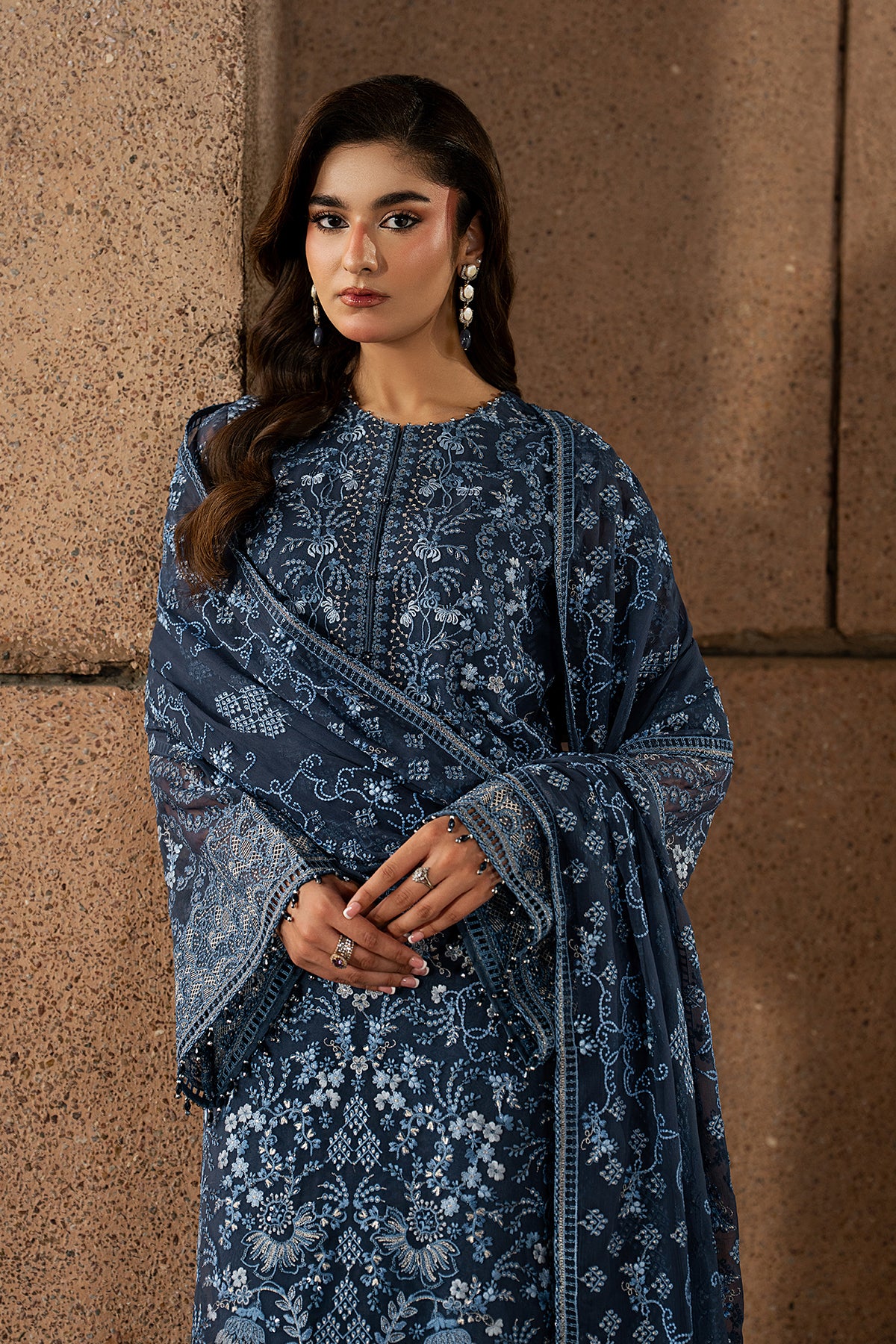 Sapphire Veil blue chiffon dupatta and organza border close-up — Lavish Premium Lazawal formal wear Pakistan