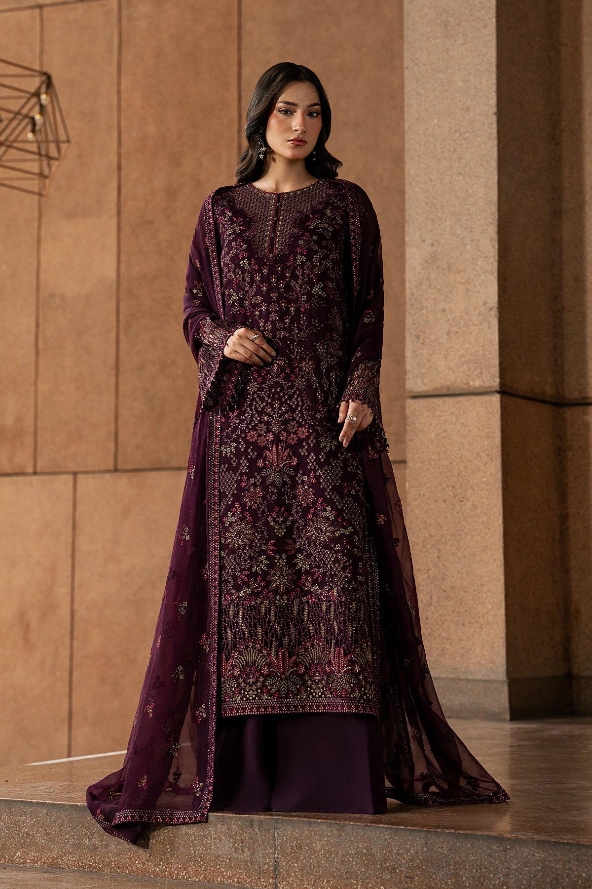 Maroon Majesty embroidered maroon chiffon 3-piece suit with organza border — Lazawal Lavish Premium Pakistan