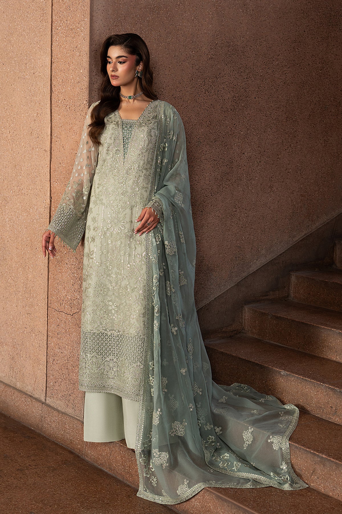 Pistachio Pearl embroidered pistachio green chiffon 3-piece suit — Lazawal luxury pret Lavish Premium Pakistan