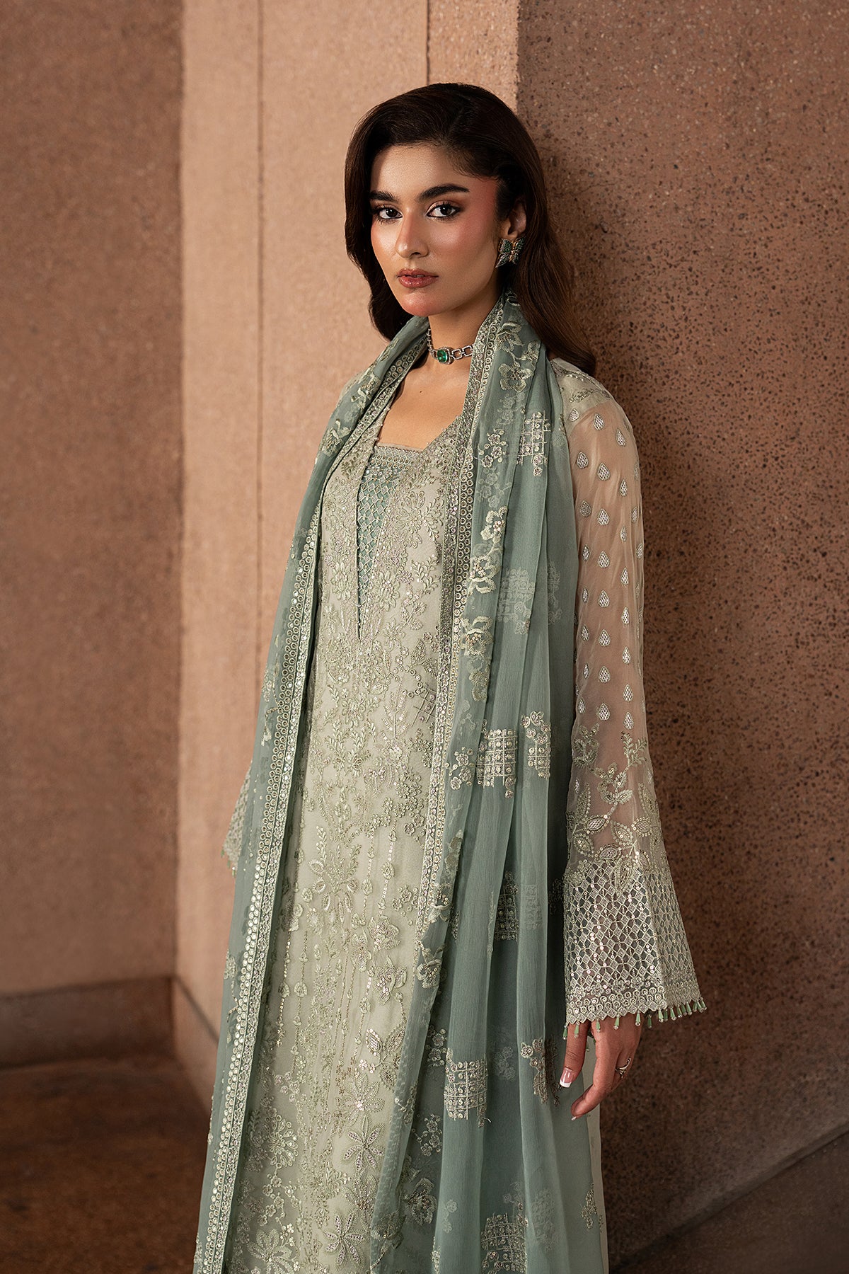 Pistachio Pearl pista green chiffon dupatta and embroidery detail — Lavish Premium Lazawal Eid collection