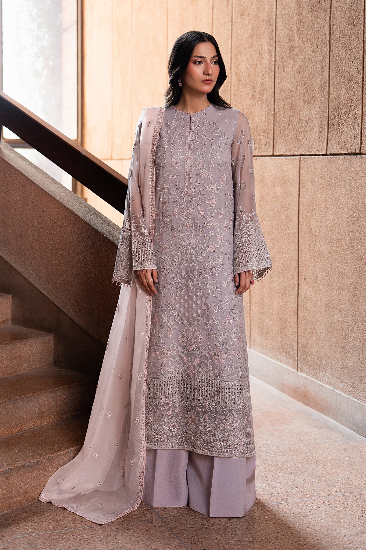 Lavender Glow embroidered lavender chiffon 3-piece suit — Lazawal by Lavish Premium luxury pret Pakistan