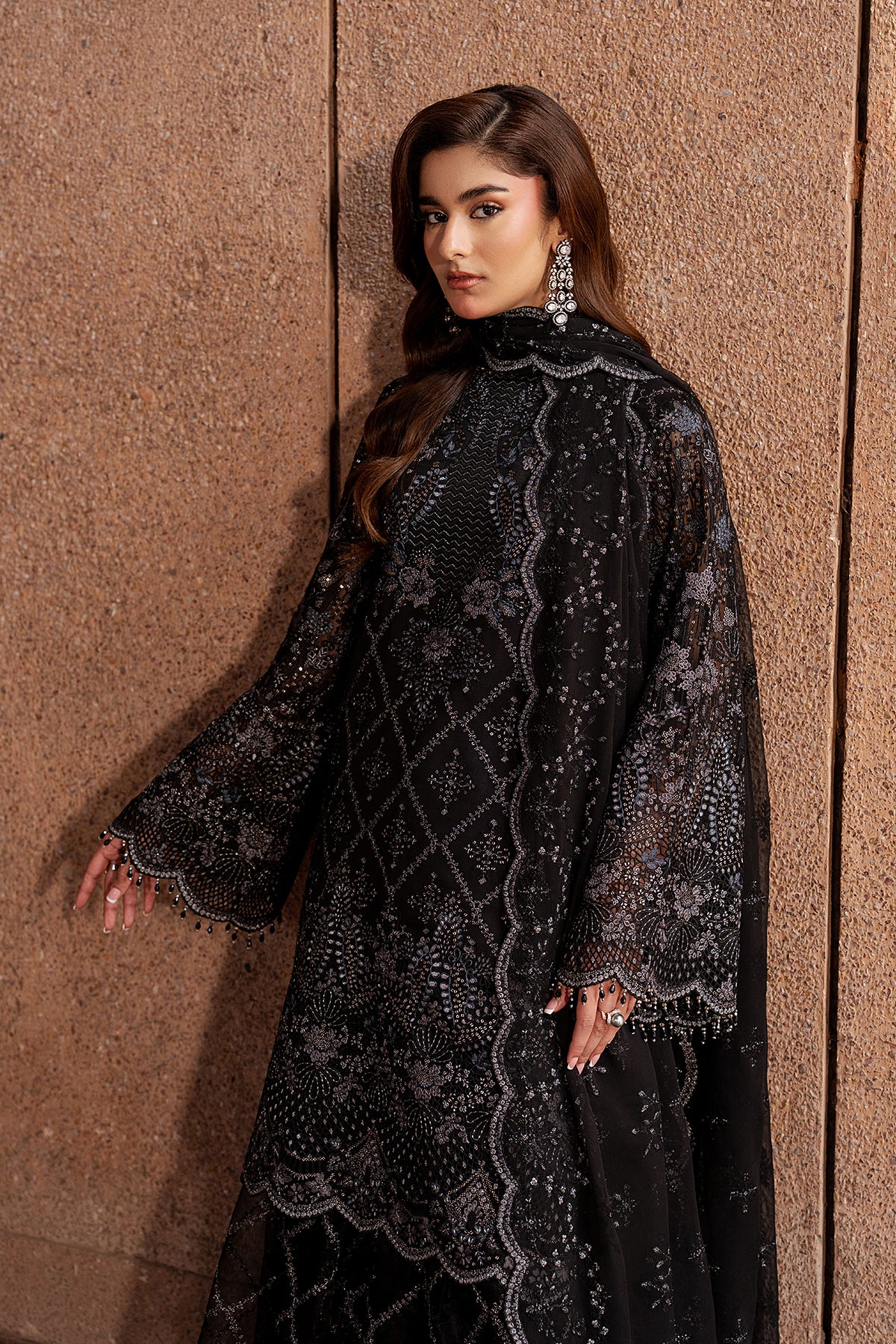 Black Whisper luxury chiffon dupatta and embroidered sharara lace detail — Lavish Premium formal wear Lazawal collection