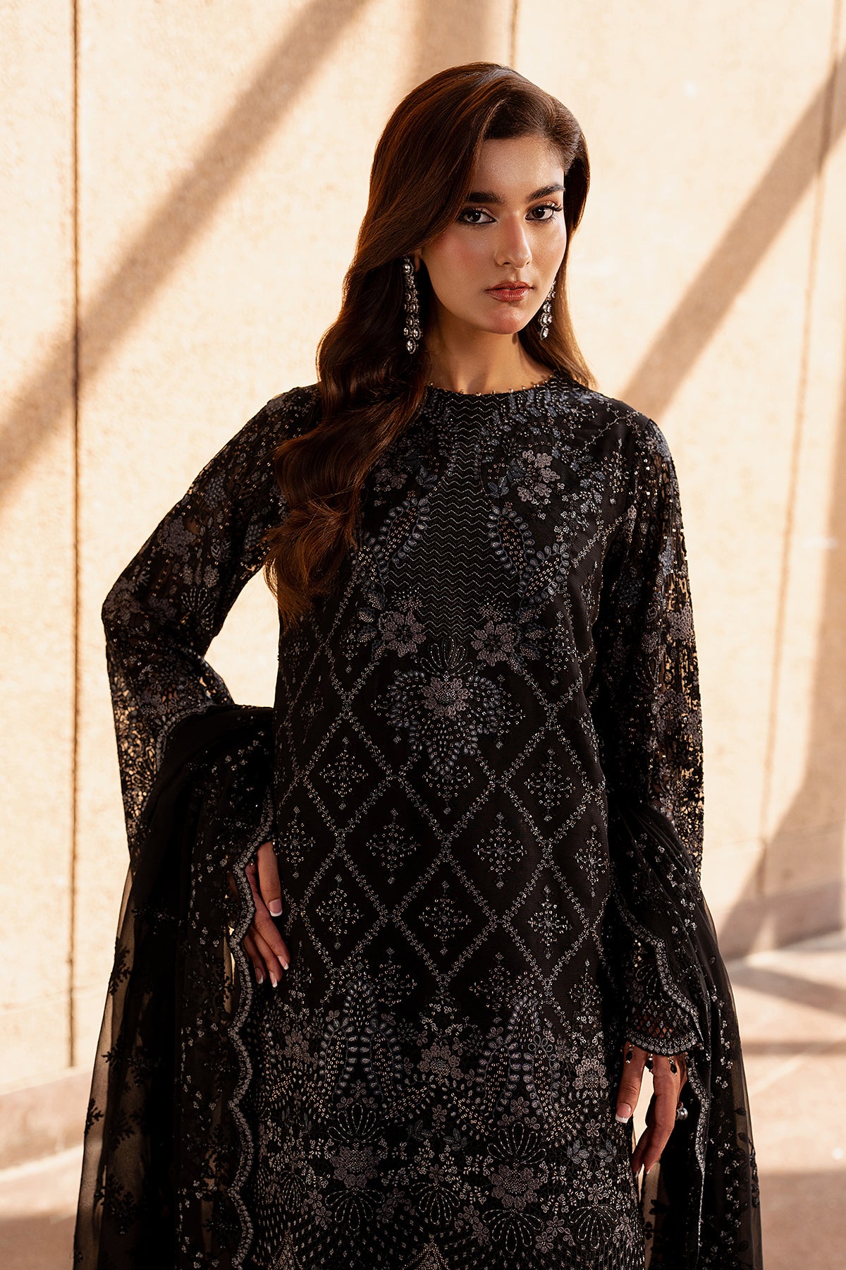 Black Whisper embroidered black chiffon sharara suit with organza neck and lace border — Lazawal by Lavish Premium Pakistan