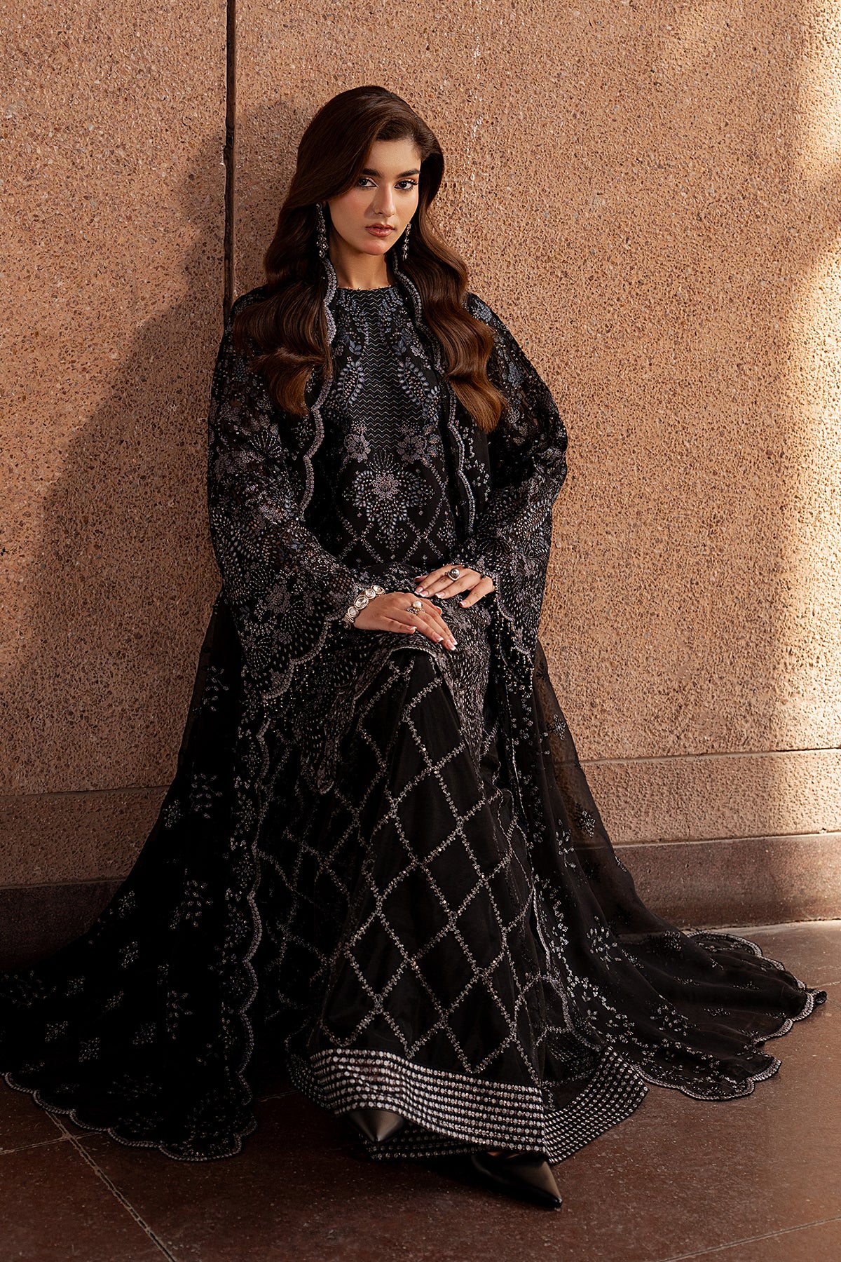 Black Whisper luxury chiffon dupatta and embroidered sharara lace detail — Lavish Premium formal wear Lazawal collection