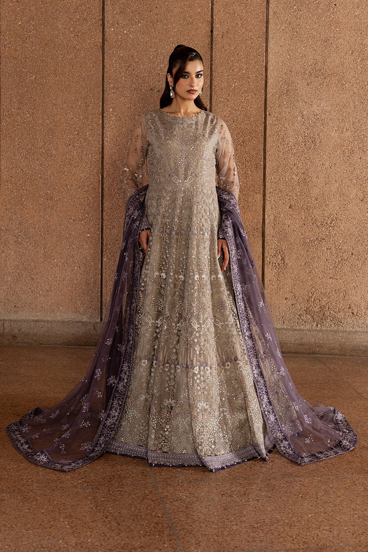 Beige Serenity embroidered beige chiffon 3-piece suit with organza border — Lazawal luxury pret Lavish Premium Pakistan