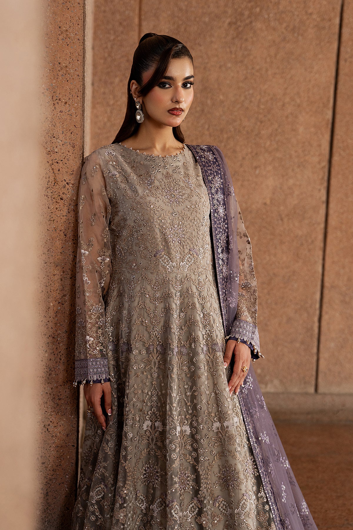 Beige Serenity champagne chiffon dupatta and embroidery close-up — Lavish Premium Lazawal formal wear collection