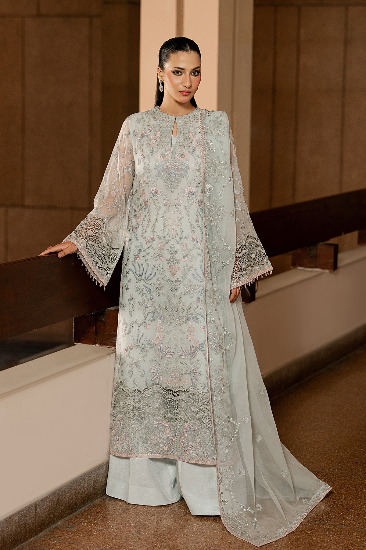 Mint Mirage embroidered mint green chiffon 3-piece suit with organza detailing — Lazawal Lavish Premium Pakistan