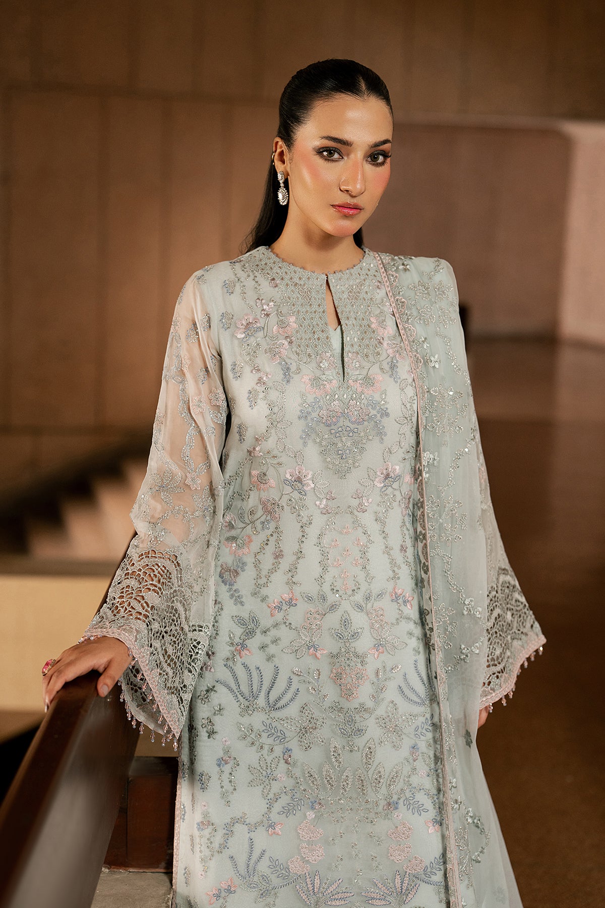Mint Mirage chiffon dupatta and embroidered back close-up — Lavish Premium Lazawal Eid wear collection